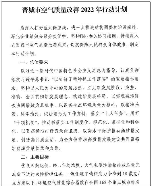 山西省晋城市出台空气质量改善2022年行动计划2